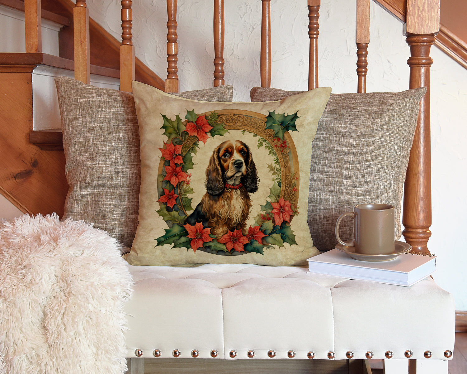 English Cocker Spaniel Christmas Flowers Throw Pillow