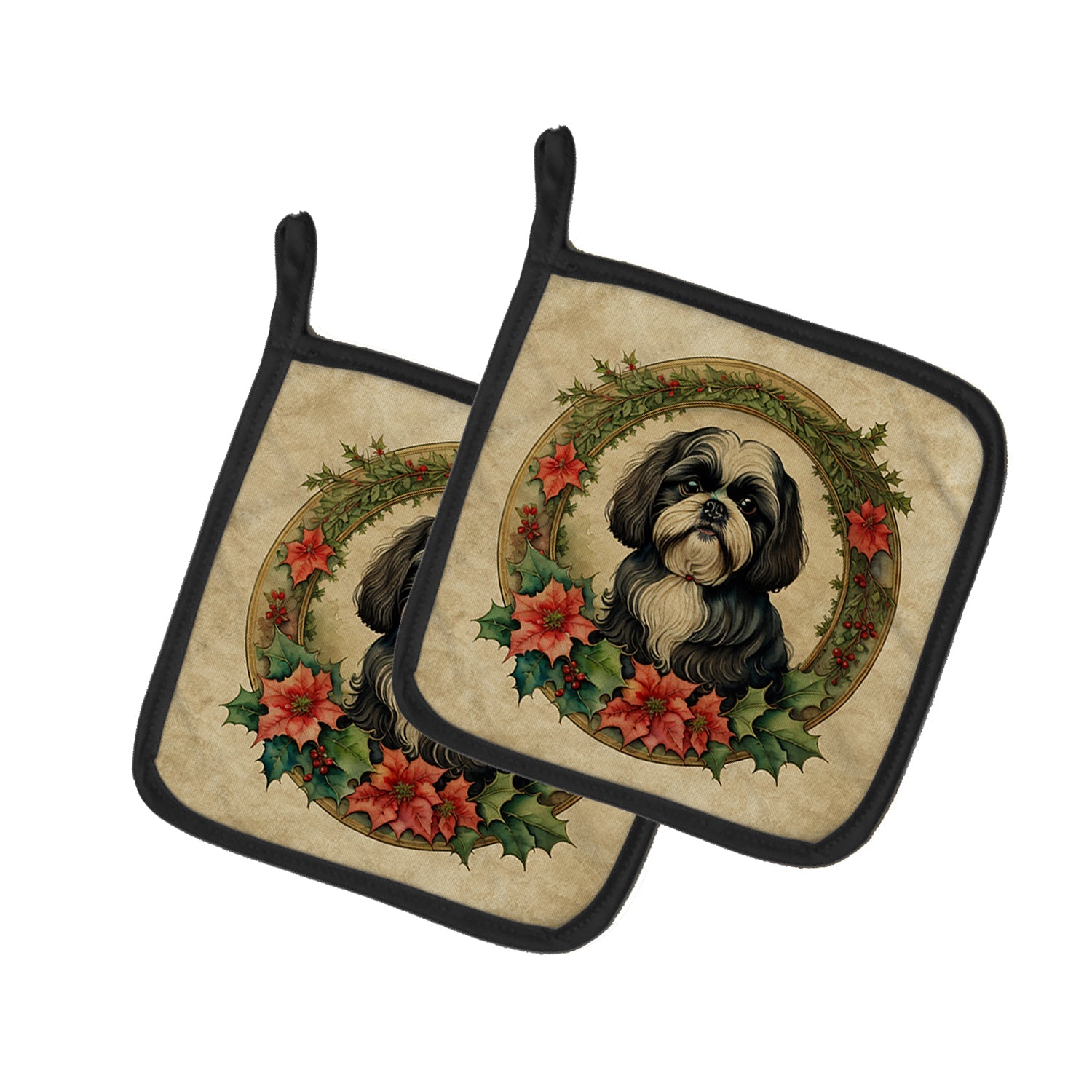 Shih Tzu Christmas Flowers Pair of Pot Holders