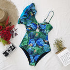 2024 Women's One-Shoulder Ruffle Print Swimsuit