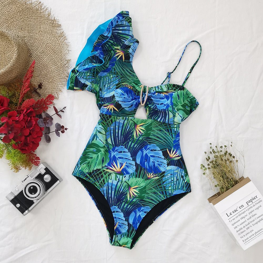 2024 Women's One-Shoulder Ruffle Print Swimsuit