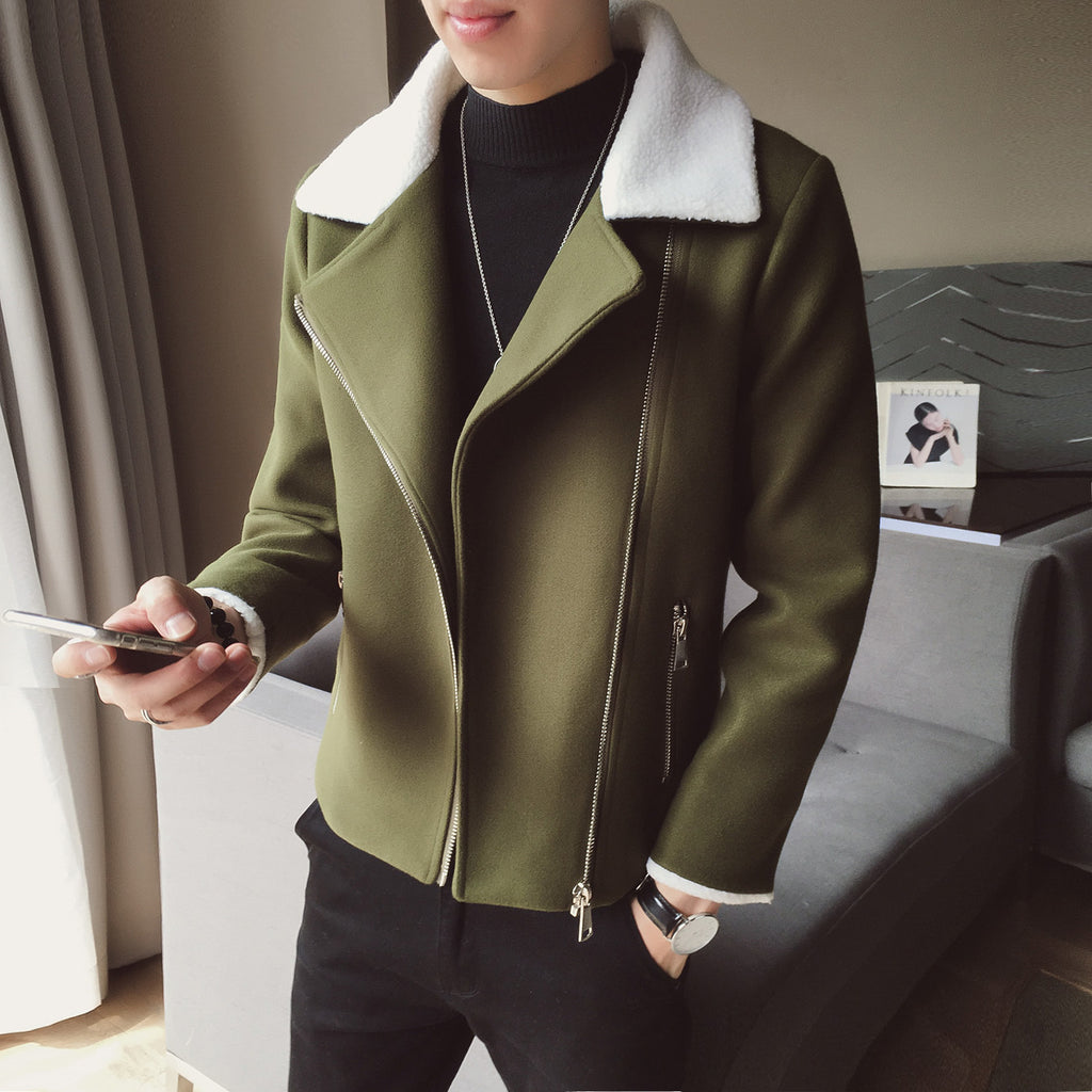 Lambs Wool Short Jacket with Diagonal Zipper