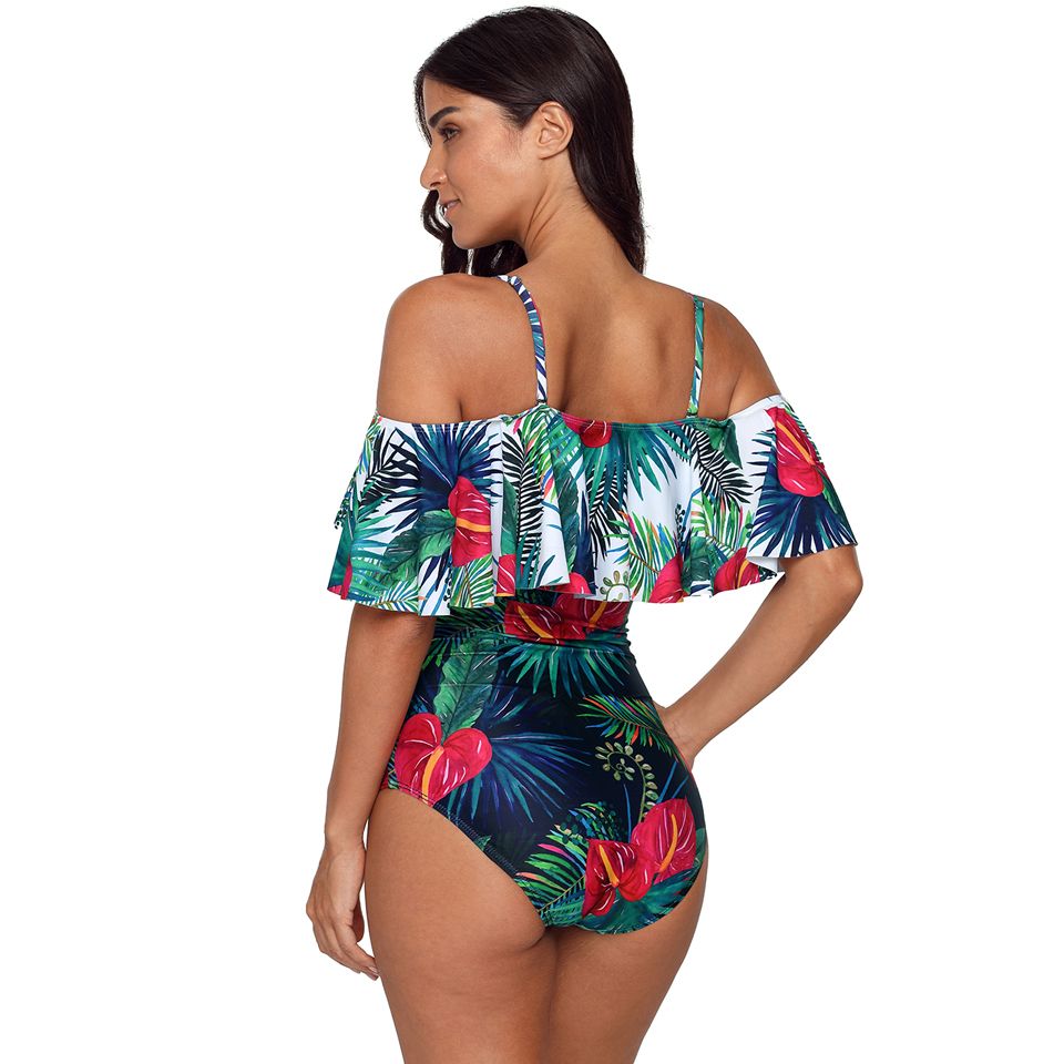 Leaf and Floral Bikini with Ruffle One-Piece Swimsuit