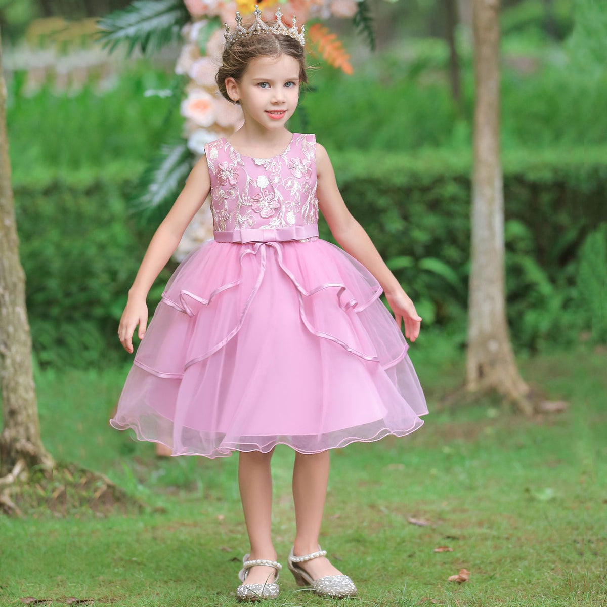 Girls Flower Embroidered Petal Skirt Christmas Dress