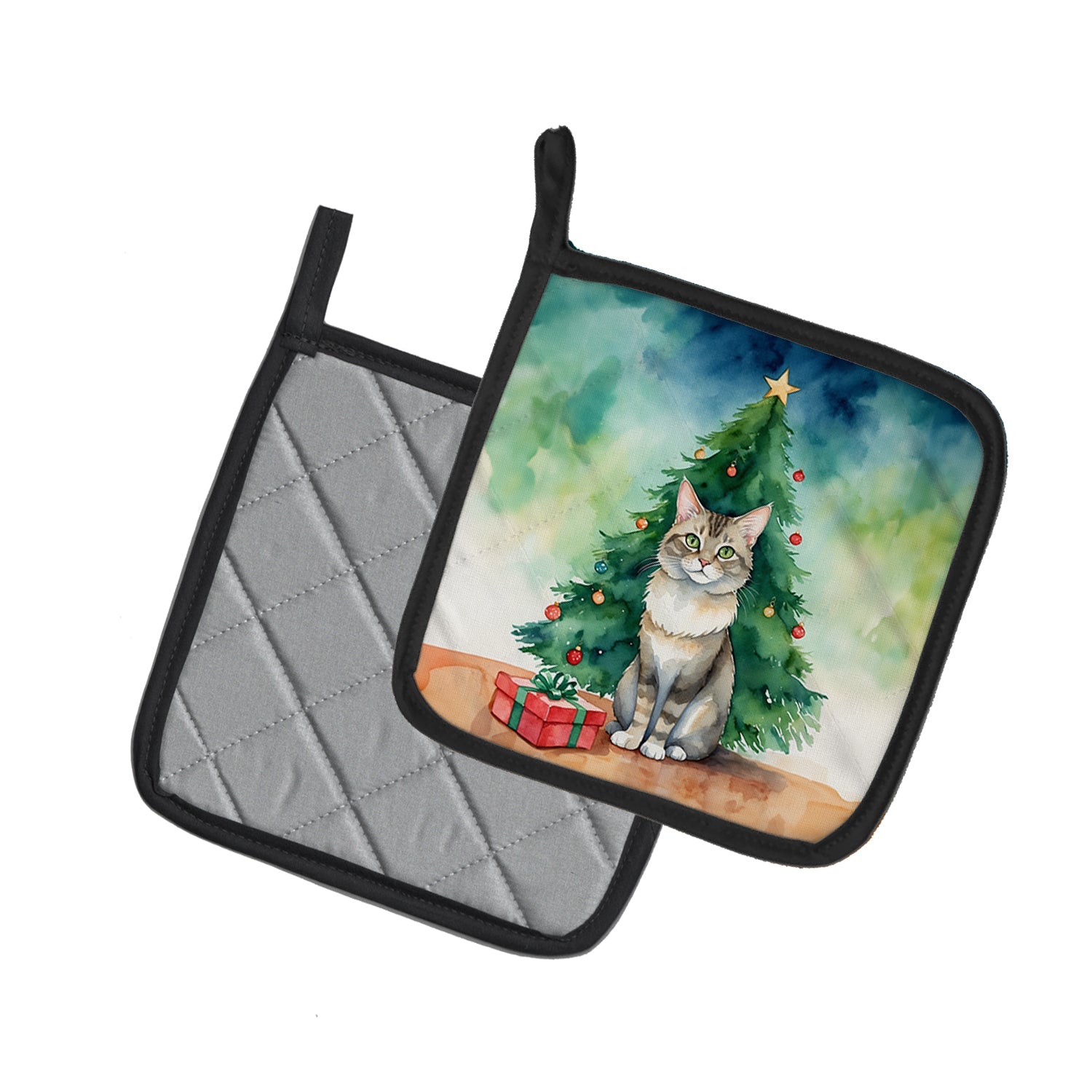 Dwelf Cat By the Christmas Tree Pair of Pot Holders