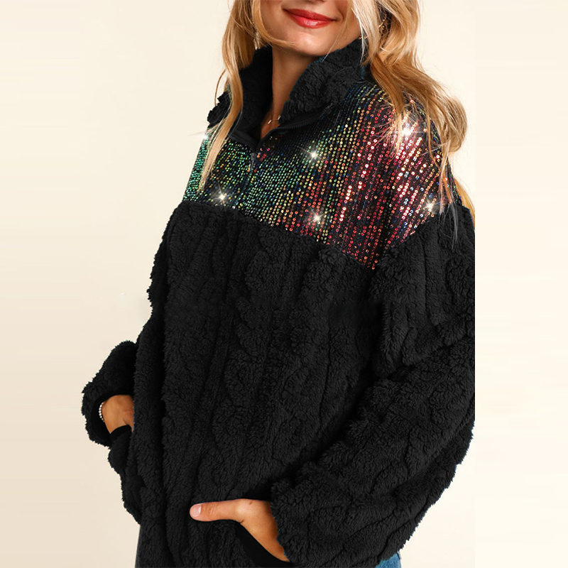 2024 Women's Splicing Sweatshirt Coat with Sequins | Streetwear