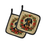 Dachshund Christmas Flowers Pair of Pot Holders