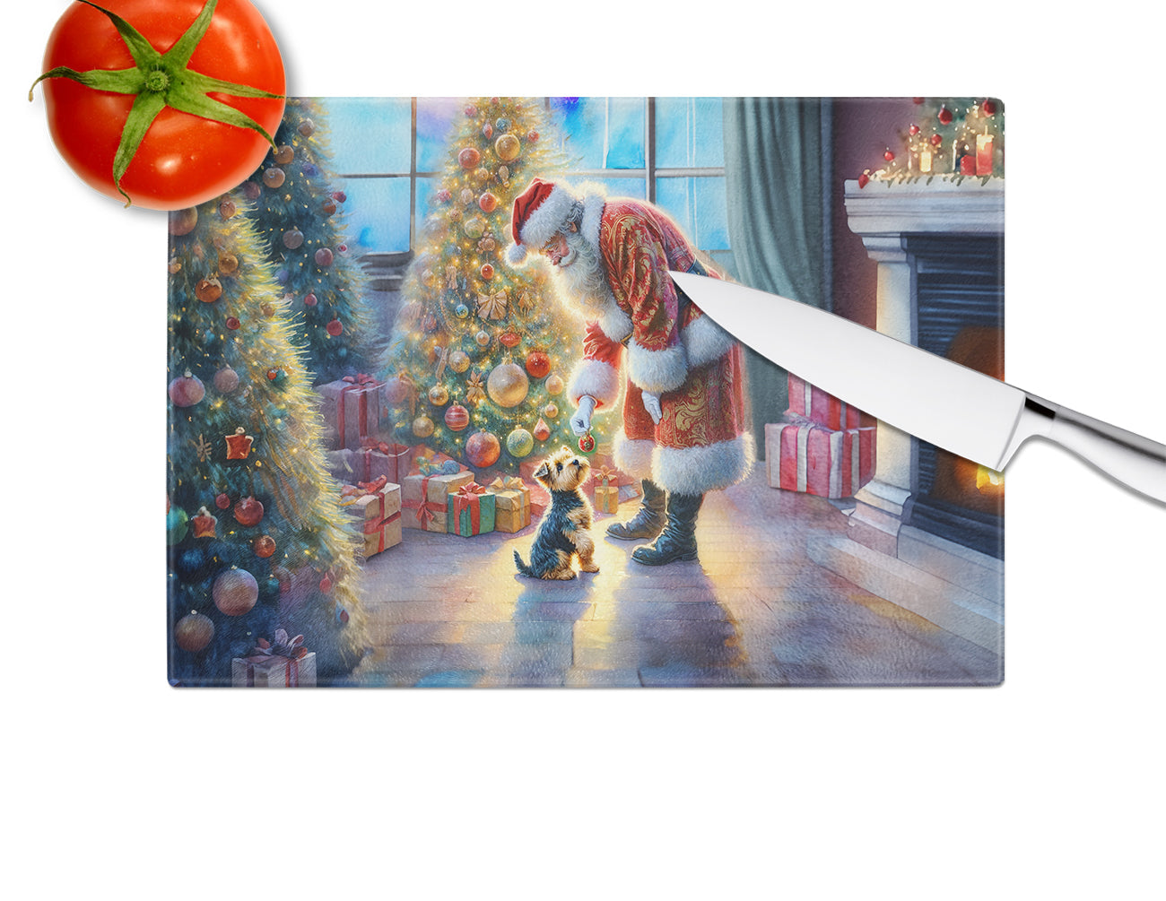 Australian Terrier and Santa Claus Glass Cutting Board