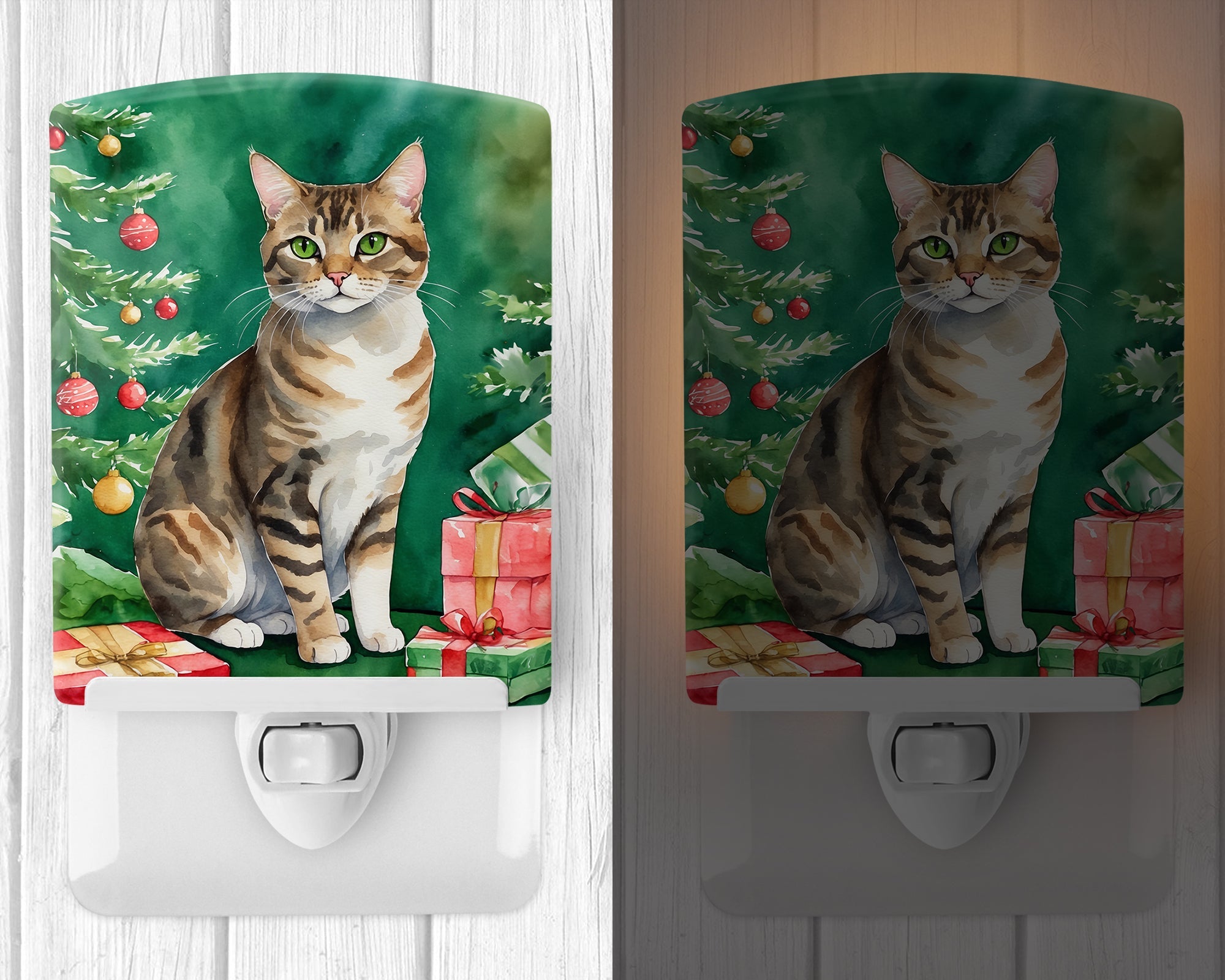 California Spangled Cat By the Christmas Tree Ceramic Night Light
