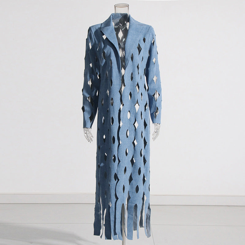 Women's Hollow-out Twisted Tassel Long Denim Cardigan