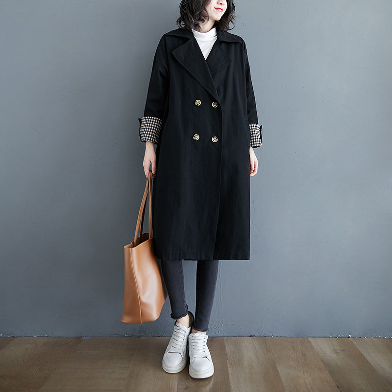 Mid-Length Coat with Check Pattern Stitching Plus Size