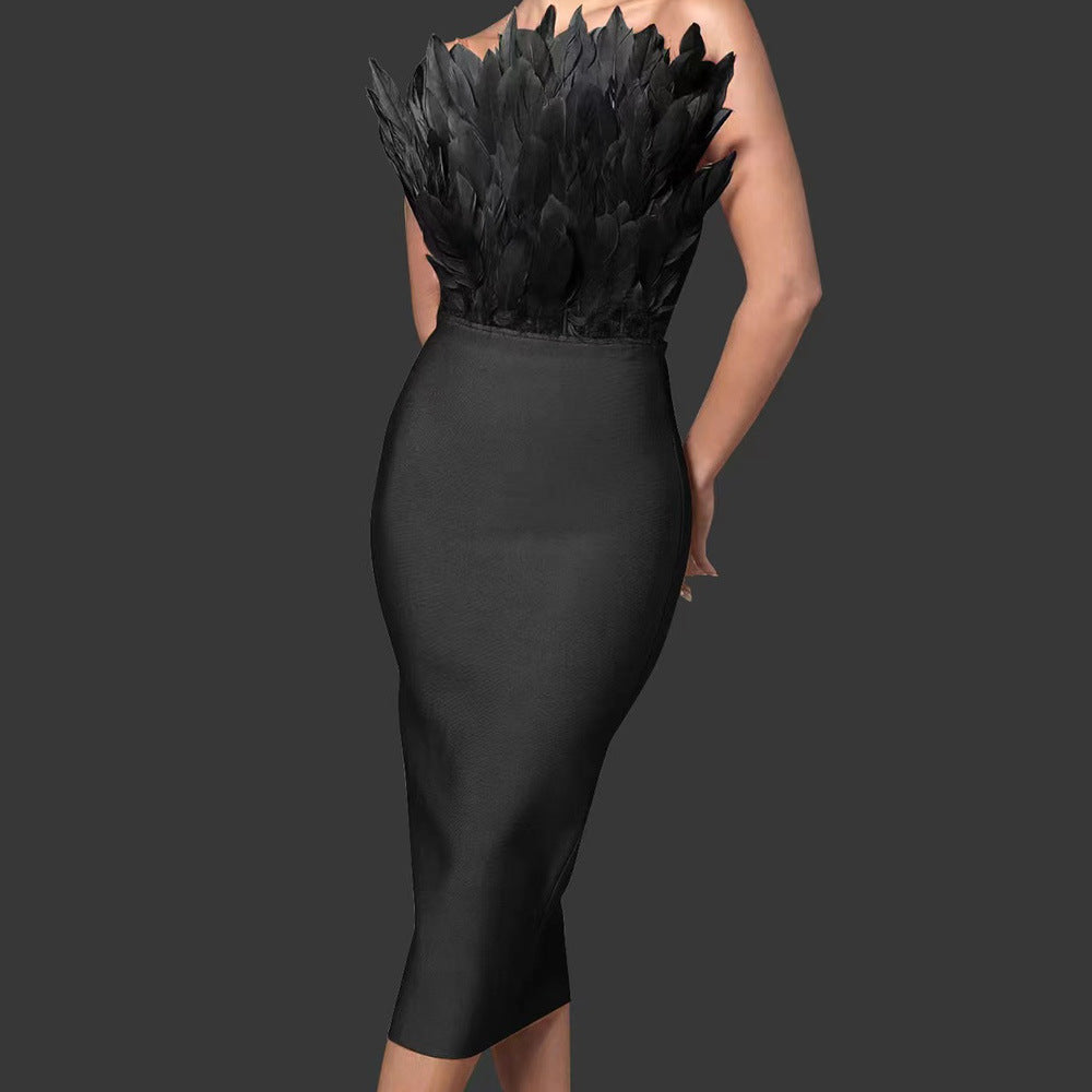 Feather Tube Top Slim Fit Bandage One-Piece Dress