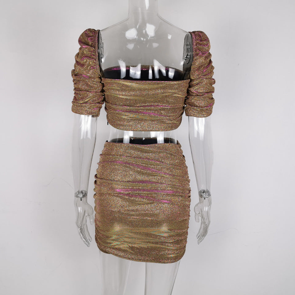 Shiny Crop Top and Skirt Set for Night Out