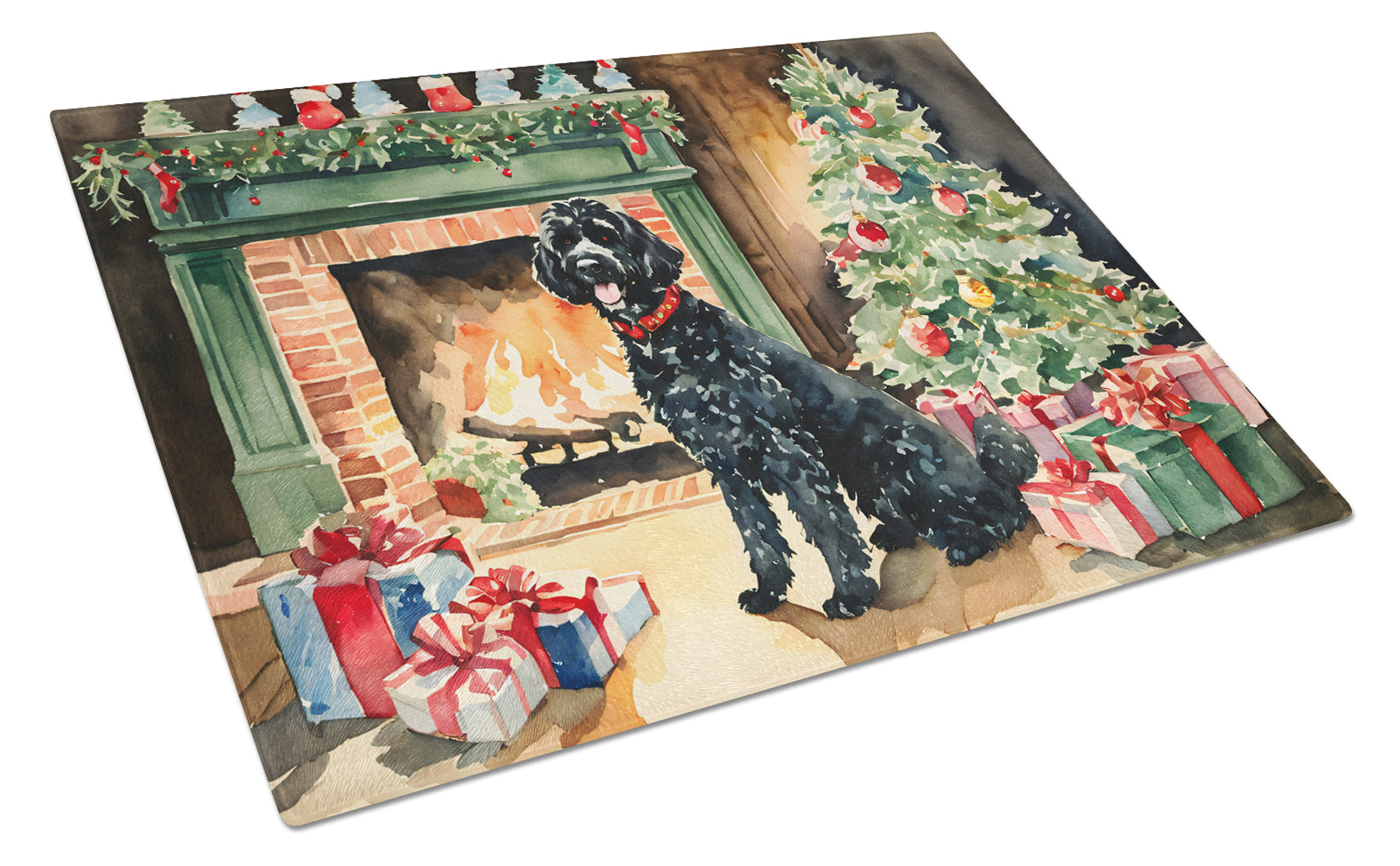 Portuguese Water Dog Cozy Christmas Glass Cutting Board