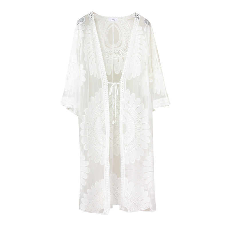 Sunflower Lace Embroidered Bikini Cover-Up Cardigan