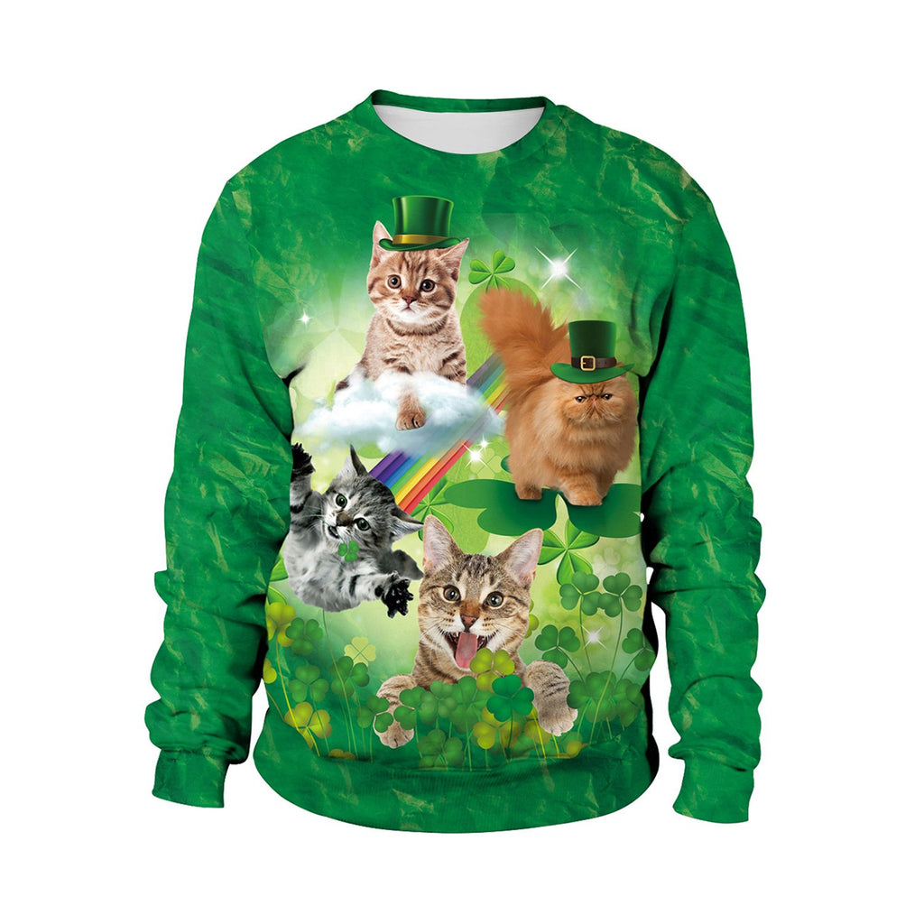 Cute Cat Print Pullover Sweater for Irish Festival
