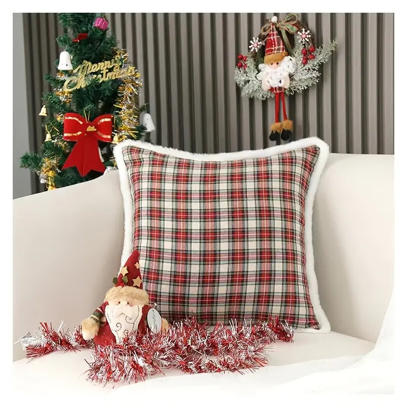 Christmas Red Plaid Pillow Case 18x18in with Rabbit Fur Trim