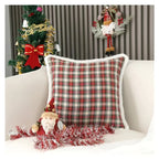 Christmas Red Plaid Pillow Case 18x18in with Rabbit Fur Trim