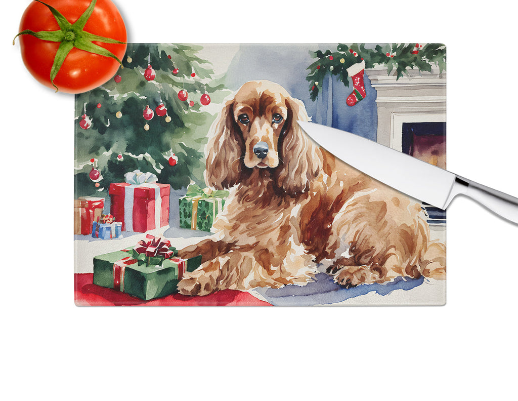 Cocker Spaniel Cozy Christmas Glass Cutting Board