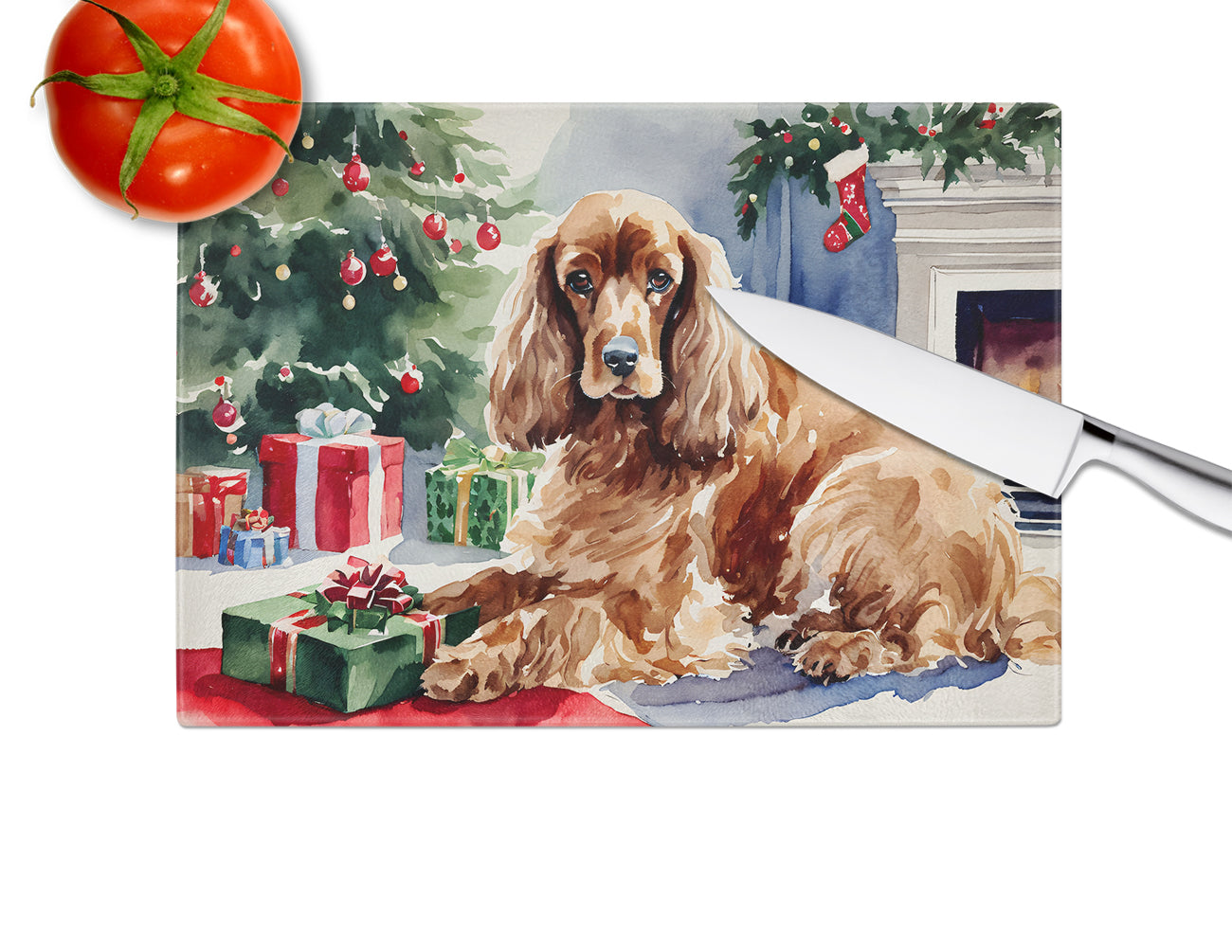Cocker Spaniel Cozy Christmas Glass Cutting Board