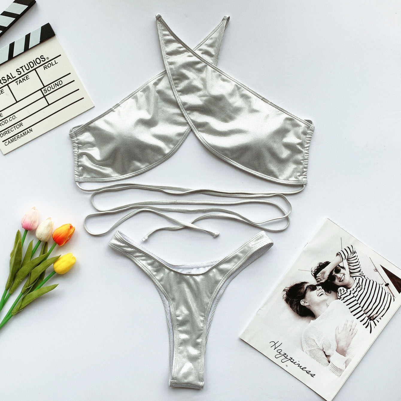 Women's Solid Color Leather Bikini Swimsuit with Straps