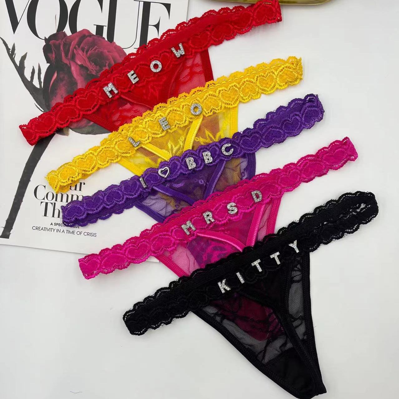 Low Waist Sexy Women's Thong with Embroidery and Rhinestones