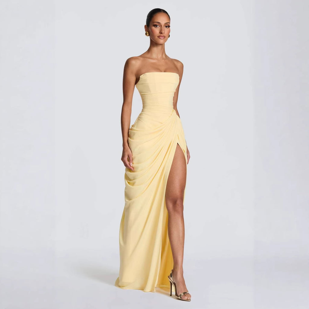 Tube Top Pleated Slit Maxi Dress