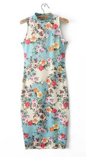 Vintage Floral Sleeveless Bodycon Dress for Women