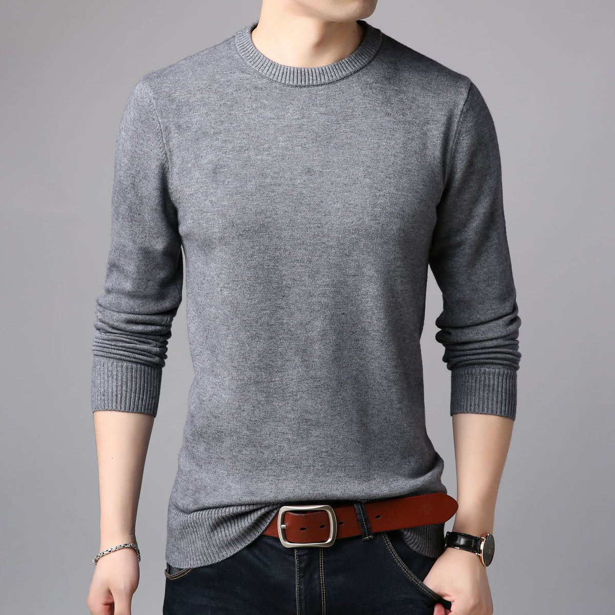 Men's Thin Slim Solid Color Round Neck Sweater