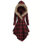New Women's Winter Plaid Coat with Hood and Belt