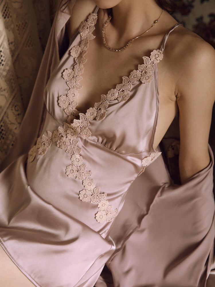 Sexy Summer Open-Back Lace Nightgown with Spaghetti Straps