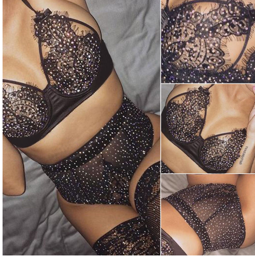 Rhinestone Sheer Lace Bra and Panty Lingerie Set