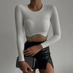 Fashionable Long Sleeve Rhinestone Crop Top for Women