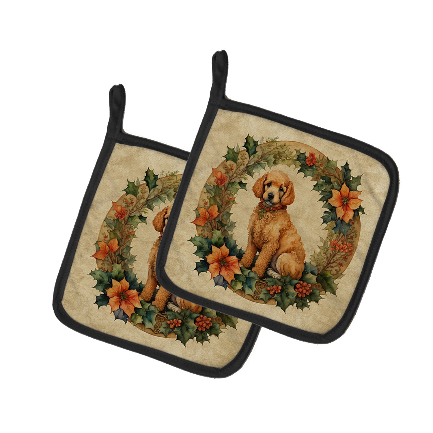 Poodle Christmas Flowers Pair of Pot Holders