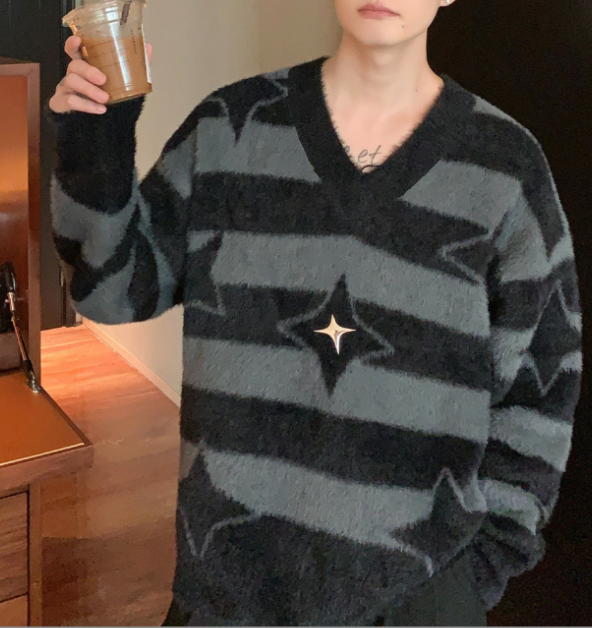 Niche Striped V-neck Sweater for Men in Casual Style