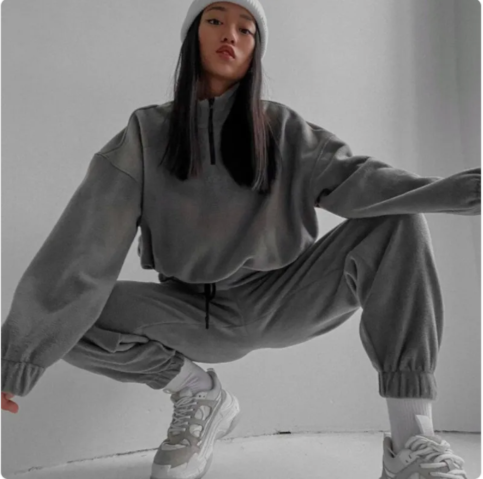 Loose Zip Stand Collar Sweater Set