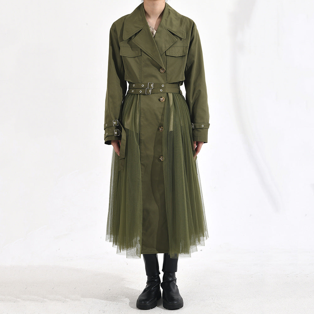 Korean-Style Women's Green Mesh Stitching Windbreaker Coat