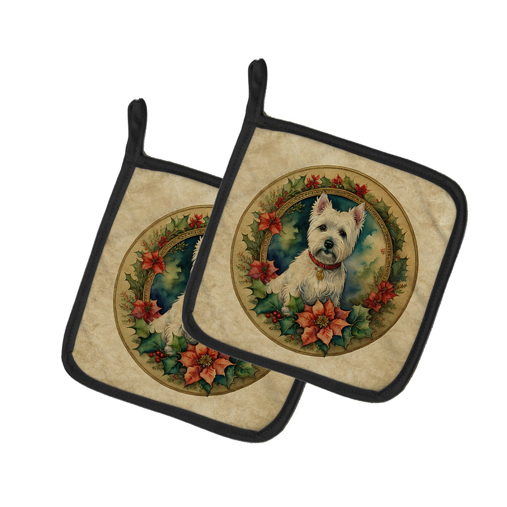 Westie Christmas Flowers Pair of Pot Holders