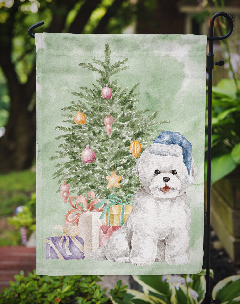 Bichon Frise Blue Hat Christmas Presents and Tree Garden Flag | Embroidered Cap