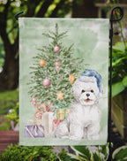 Bichon Frise Blue Hat Christmas Presents and Tree Garden Flag | Embroidered Cap