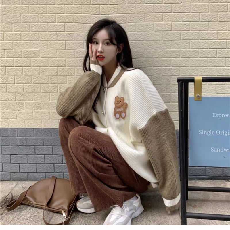 Kawaii Bear Embroidery Contrast Color Cardigan Sweater