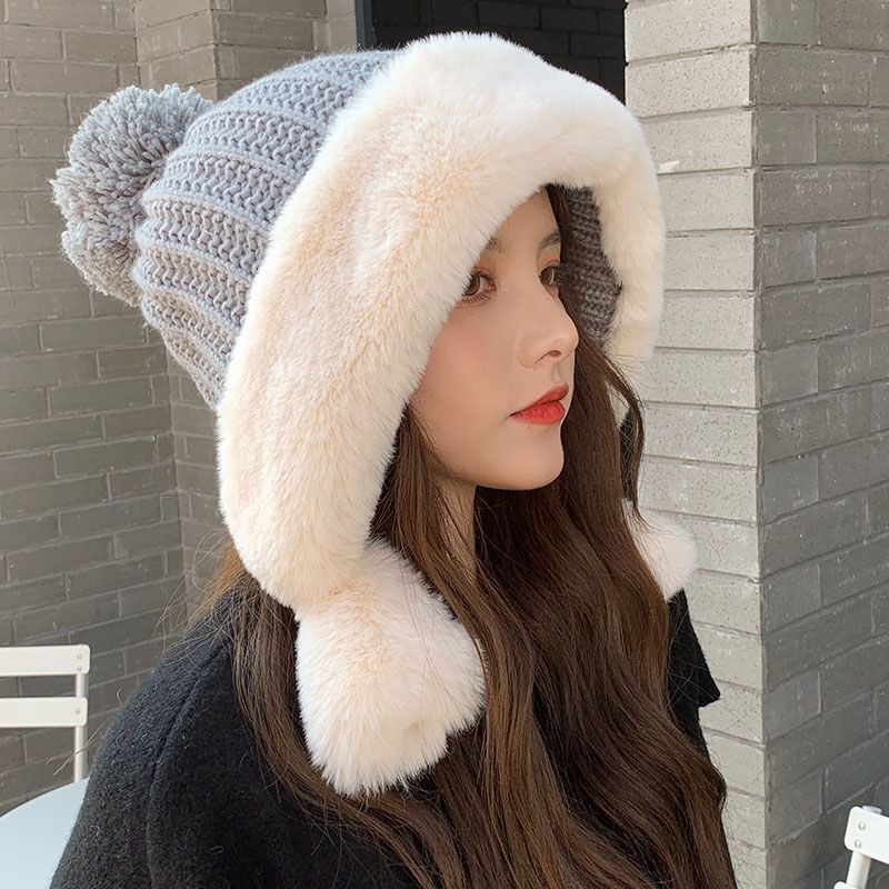 Warm Fleece Knitted Rabbit Fur Hat for Large Heads | Embroidered Cap