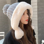 Warm Fleece Knitted Rabbit Fur Hat for Large Heads | Embroidered Cap