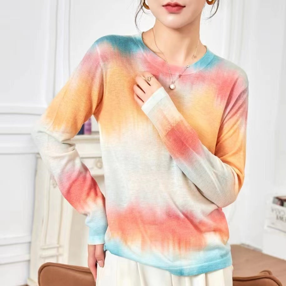 Lightweight Long Sleeve Crew Neck Printed Knit Top for Women
