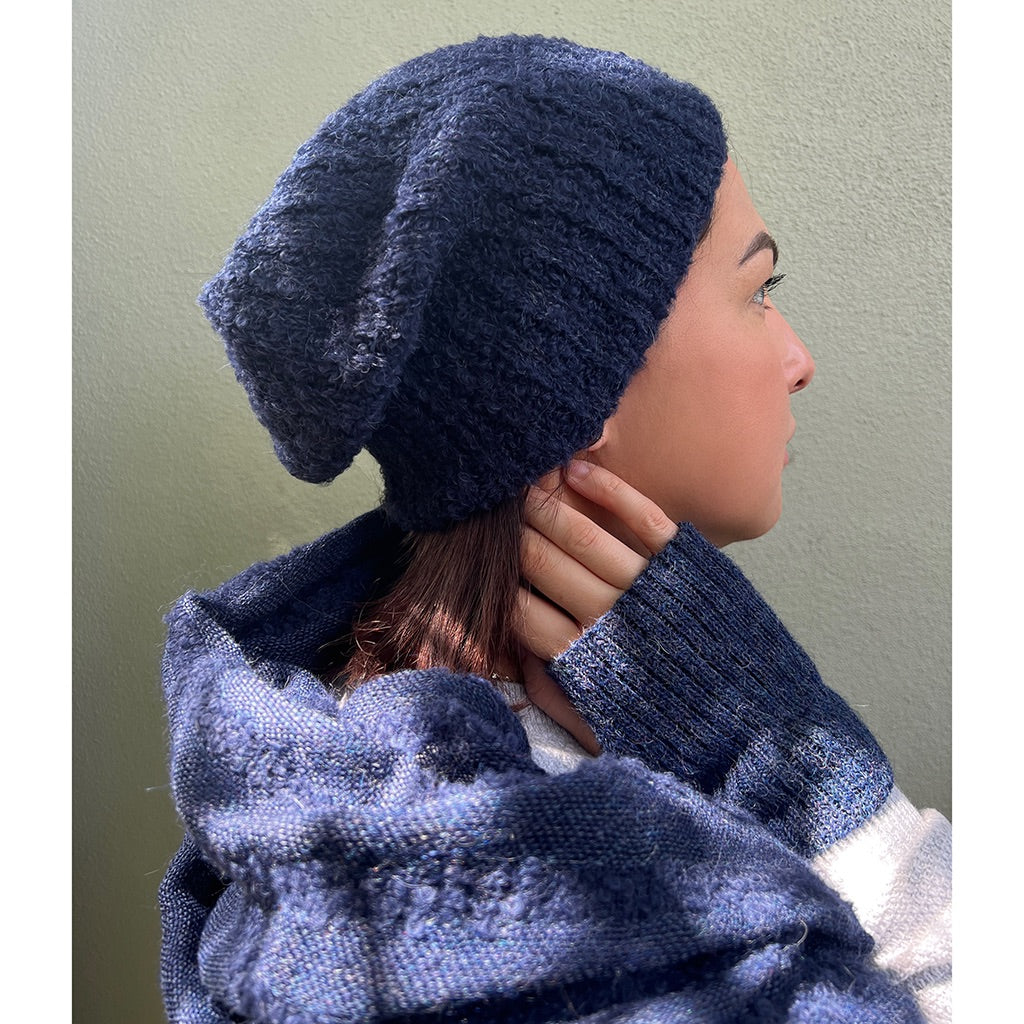 Navy Loop Knit Alpaca Beanie | Embroidered Cap