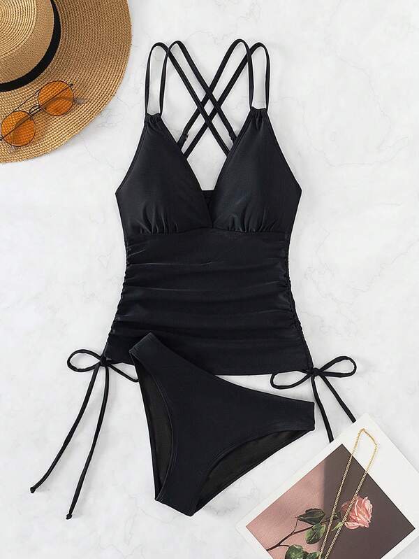 2024 Women's Solid Color Cross-back Tankini Swimsuit