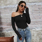 Slanted Shoulder Collar Slim Long-sleeved Knit Top