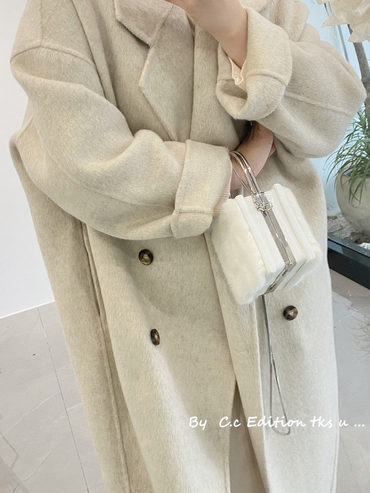 Baby Camel Velvet Double-sided Wool Coat in Almond White