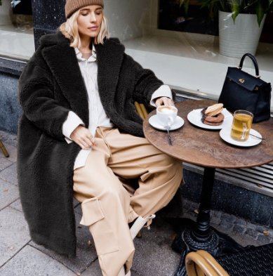 Medium-Length Furry Coat with Large Lapel