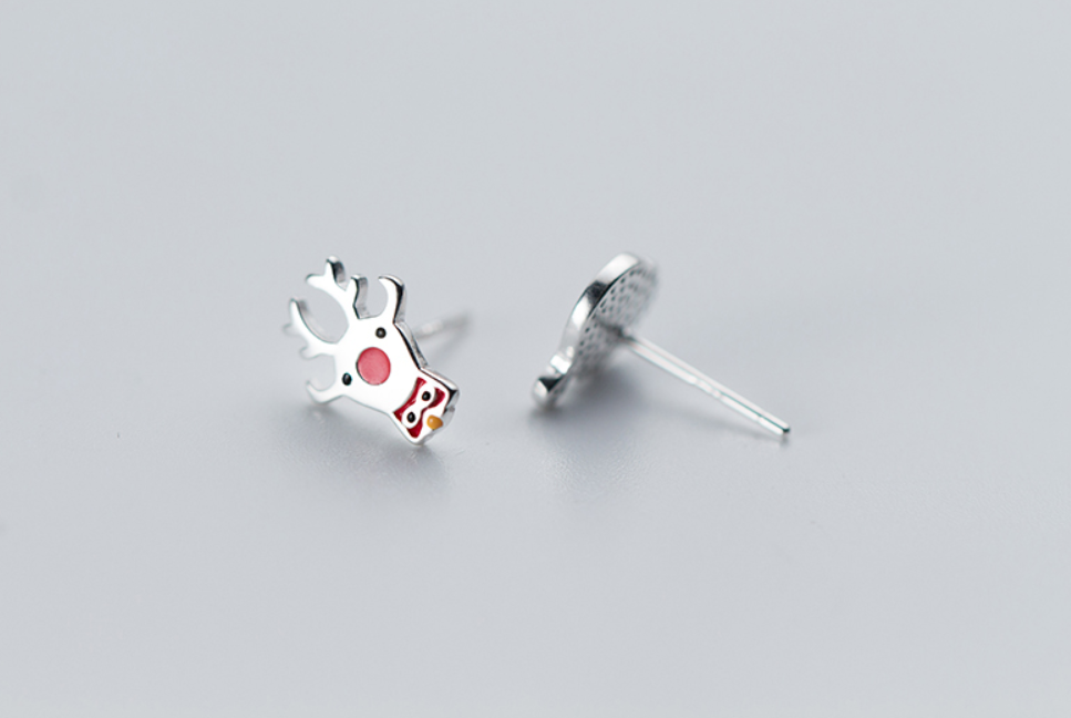 Silver Christmas Earrings - Santa and Reindeer Design