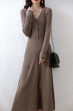 Elegant V-neck Wool Knitted Dress for Women